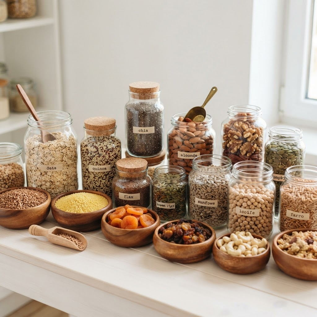 Granos, frutos secos y semillas en frascos y bowls